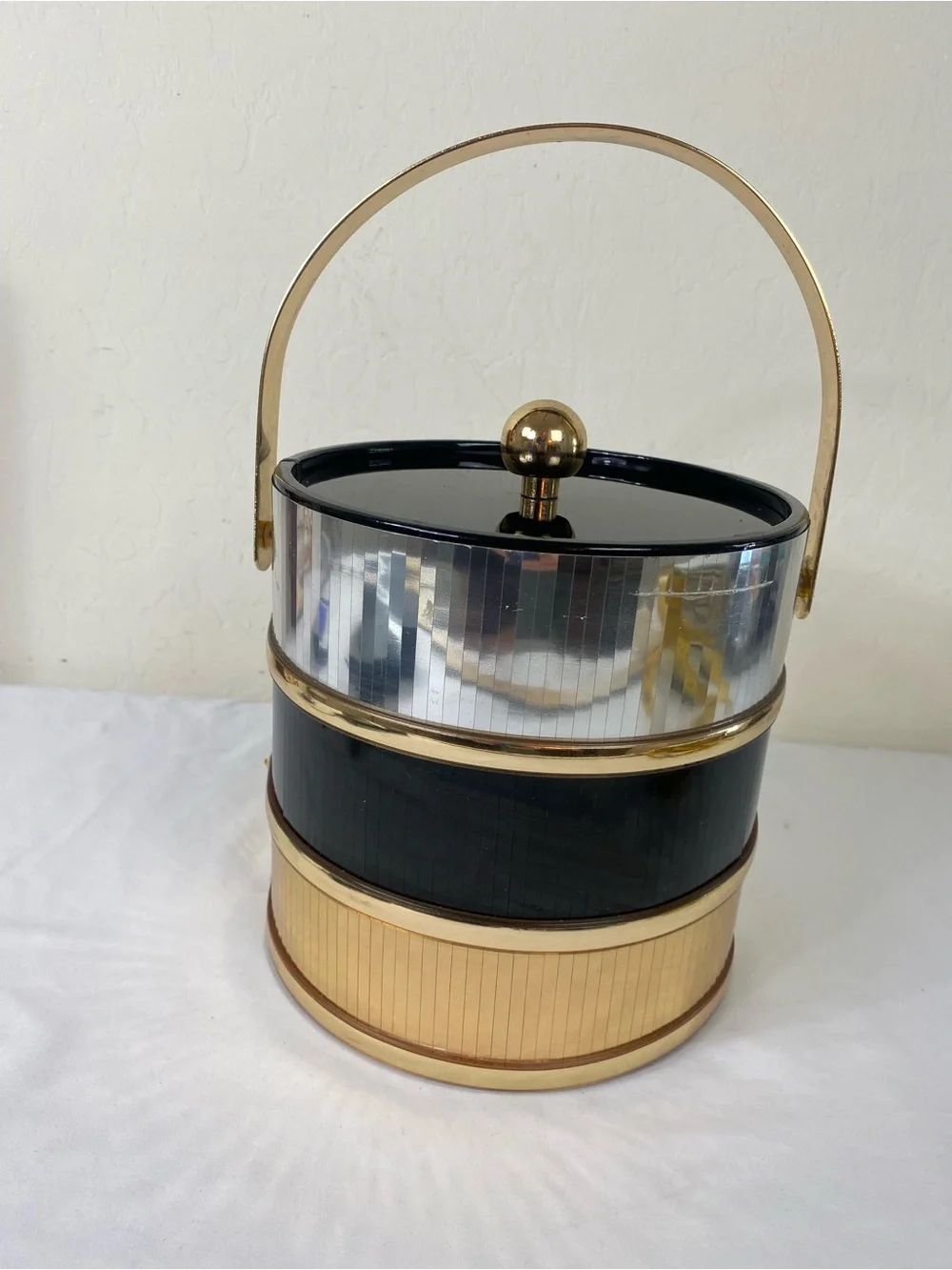 Vintage 1970s Disco ball Gold & Black Vintage Ice Bucket with Handle and tongs